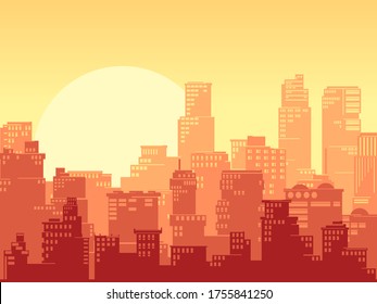 Horizontal illustration of a stylized cartoon big city with downtown and skyscrapers at sunset colors.