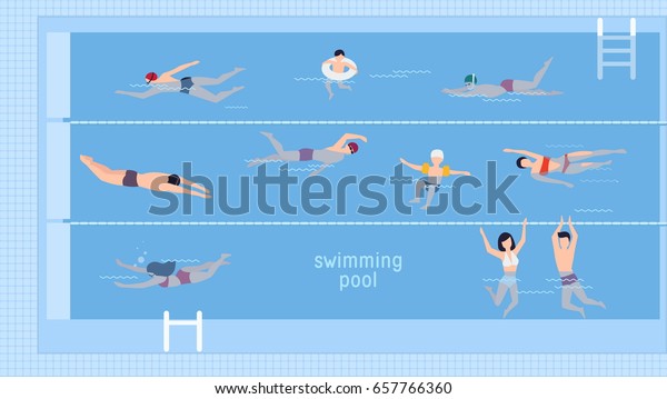 水平插图与游泳者在游泳池 顶视图 各种人和孩子在水中 以不同的方式游泳 丰富多彩的矢量背景在平面风格与文本的地方 库存矢量图 免版税