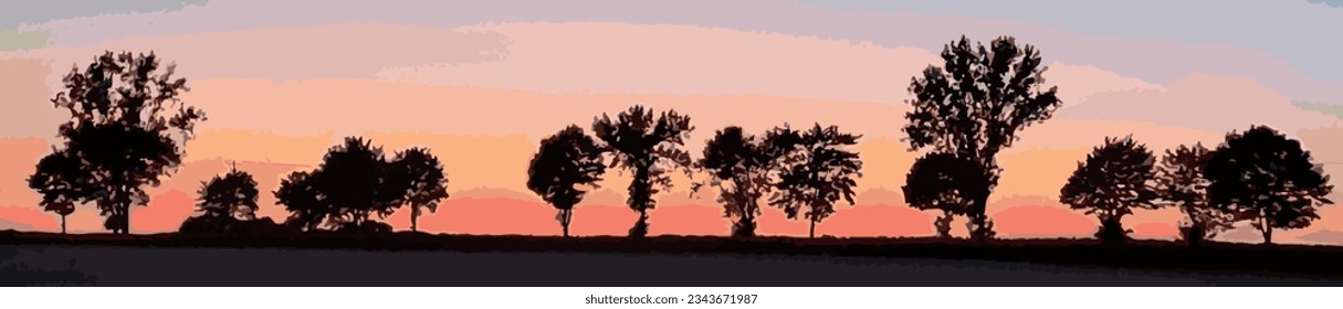 Horizontal illustration, tree silhouettes, sunset, sunrise. Black different shaped trees, violet, orange, blue, pink background. 