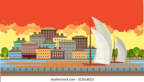 Horizontal illustration of an urban evening landscape on the river floating sailboat