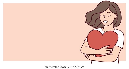 Horizontal illustration with woman hugging red heart, peaceful face and closed eyes symbolizing love and emotional care, copy space, banner