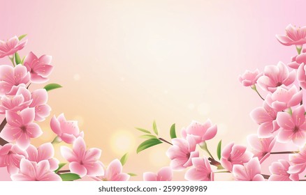Horizontal illustrations design a background of blooming peach blossoms