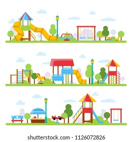 Horizontal illustrations with various views of children playground in urban park. Vector kindergarten scene for play and game