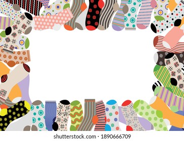 Horizontal image of multi-colored socks with different patterns on a white background. There is room for text. Design element. Vector illustration.