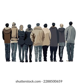 horizontal image of people. a crowd of people. rear view. people with their backs. a group of men and women. vector