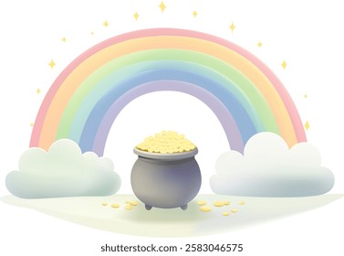 A horizontal image of a Rainbow with a Pot of Gold a bright, pastel rainbow arching and a pot of gold, Isolated on background. St. Patrick's Day concept.