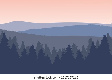 Horizontal image of a winter landscape in pink and gray tones. Spruce in the foreground and hills in the background.