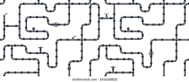 Horizontal industrial seamless pattern. Black piping on white background. pipes for water, gas, oil. Vector illustration in a flat style. 