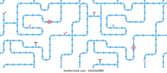 Horizontal industrial seamless pattern. Blue piping on a white background. pipes for water, gas, oil. Vector illustration in a flat style. 