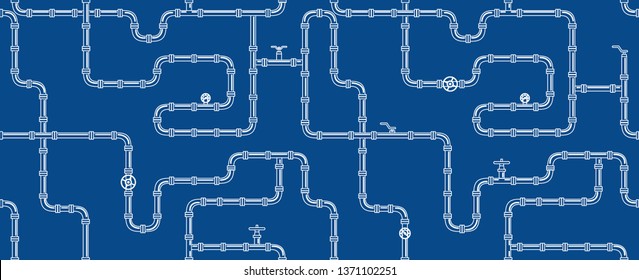 Horizontal industrial seamless pattern. white piping on Blue background. pipes for water, gas, oil. Vector illustration in line art style. 