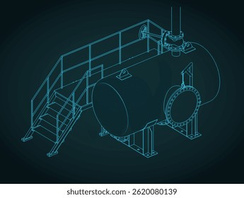 Horizontal industrial tank with service platform isometric blueprint