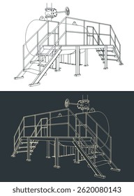 Horizontal industrial tank with service platform stylized vector illustrations
