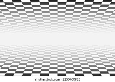 Horizontal infinity floor and ceiling checkered textures in perspective. Top and bottom tiled planes with squared pattern. Geometric design with black and white squares. Vector flat illustration