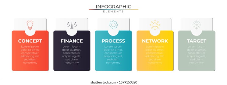 Horizontal infographic with 5 steps rounded rectangle text box and icons. Chart process template. Modern vector for company or corporate business project and presentation. Trendy Eps10 design