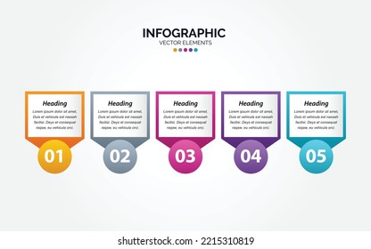 Plantilla de diseño Infográfico horizontal. Concepto creativo con 5 pasos. Se puede utilizar para el diseño del flujo de trabajo. diagrama. banner. diseño web. Ilustración del vector