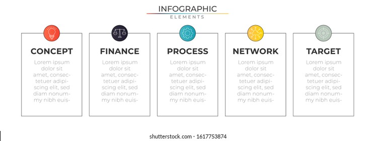 Horizontal Infographic design template with icons and five text box options or steps. Vector for company and corporate business project and presentation.