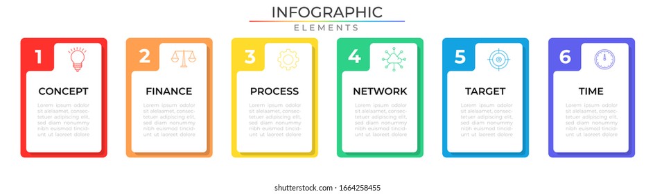 Horizontal infographic design template with icons and six rectangle process. Vector illustration for company and corporate business project and presentation. Eps 10