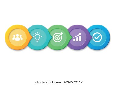 Infografía Horizontal con cinco Formas redondas e íconos de negocios en colores brillantes