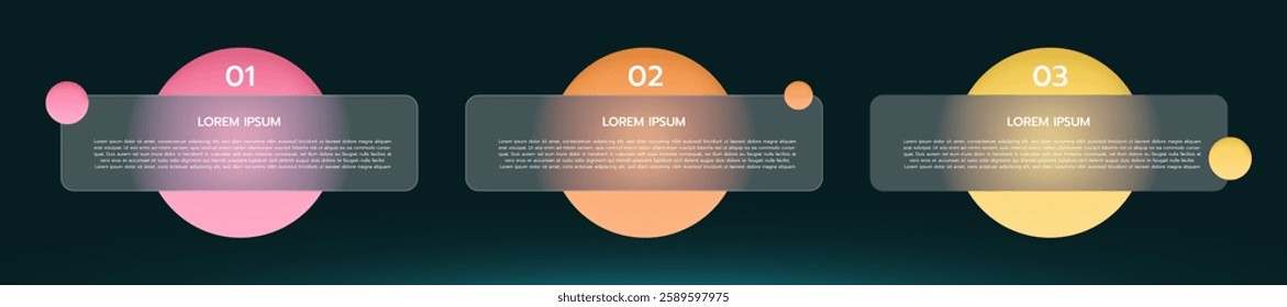 Horizontal Infographic Template for Business Presentation with Modern Glassmorphism Design for Web Interfaces Marketing Brochure or Technology Report with Circle Vector Abstract Graphic Background