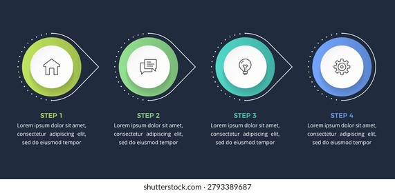 Horizontal infographic template with four steps designed for professional presentations, data visualization, and marketing workflow diagrams. Dark theme