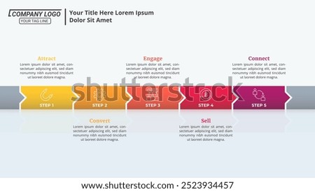 Horizontal Infographic Timeline with 5 Options and Editable Text on a 16:9 Layout for Business Presentations, Management, and Evaluation.