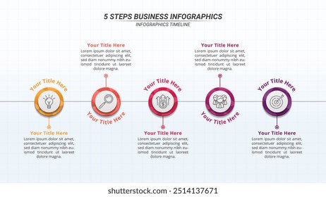 Línea de tiempo de infografía Horizontal con 5 pasos en un diseño 16:9 para presentaciones comerciales, administración y evaluación.