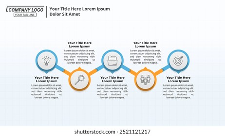 Horizontal Infographic Timeline with 5 Steps on a 16:9 Layout for Business Presentations, Management, and Evaluation.