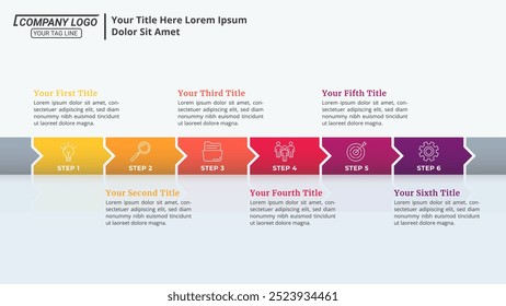 Cronograma infográfico horizontal com 6 opções e texto editável em um layout de 16:9 para apresentações de negócios, gerenciamento e avaliação.