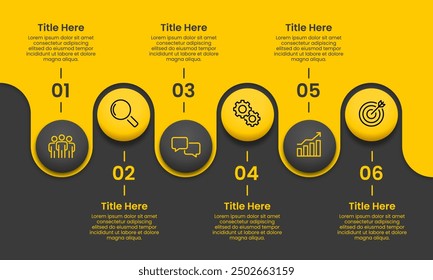 Horizontal infographic timeline 6 steps or options on Yellow and Black background. Milestone, Roadmap, Timeline, Comparative, Planning and Business presentation. Vector illustration.