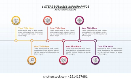 Horizontal Infographic Timeline with 6 Steps on a 16:9 Layout for Business Presentations, Management, and Evaluation.