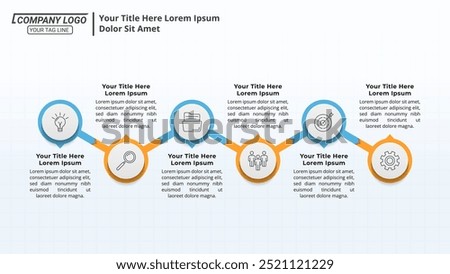 Horizontal Infographic Timeline with 6 Steps on a 16:9 Layout for Business Presentations, Management, and Evaluation.