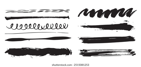 Horizontal ink brush lines, different texture, doodle and squiggle, wavy brushstrokes. Black vector border, divider for collage and grunge design.