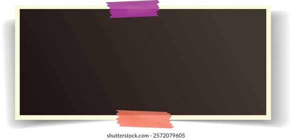 Horizontal instant photo frame featuring two vibrant adhesive tapes securing it against a clean white background, creating a striking and minimalistic visual appeal