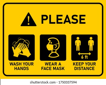 Horizontal Instruction Signboard with Basic Set of Measures against the Spread of Coronavirus Covid-19 including Wash Your Hands, Wear a Face Mask, Keep Your Distance 6 6 ft or 6 Feet. Vector Image.