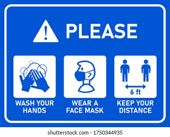 Horizontal Instruction Signboard with Basic Set of Measures against the Spread of Coronavirus Covid-19 including Wash Your Hands, Wear a Face Mask, Keep Your Distance 6 6 ft or 6 Feet. Vector Image.