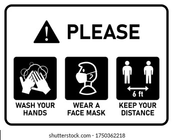 Horizontal Instruction Signboard with Basic Set of Measures against the Spread of Coronavirus Covid-19 including Wash Your Hands, Wear a Face Mask, Keep Your Distance 6 6 ft or 6 Feet. Vector Image.