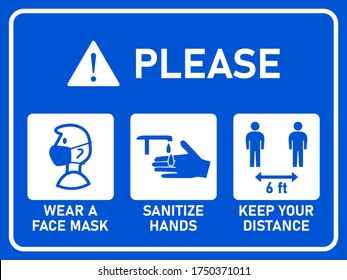 Horizontal Instruction Signboard with Basic Set of Measures against the Spread of Coronavirus Covid-19 including Wear a Face Mask, Sanitize Hands and Keep Your Distance 6 ft or 6 Feet. Vector Image.