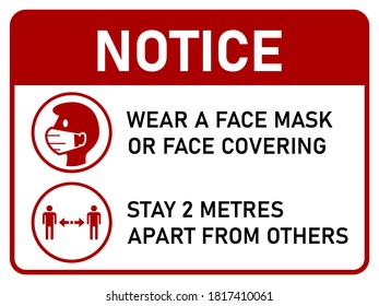 Horizontal Instruction Signboard with Basic Set of Measures against Coronavirus Covid-19, including Notice Wear a Face Mask or Face Covering and Stay 2 Metres Apart from Others. Vector Image.