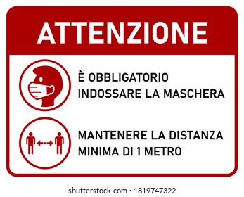 Horizontal Instruction Signboard with Basic Set of Measures against Coronavirus in Italian, including Attention Face Masks Required and Stay at least 1 Meter Apart. Vector Image.