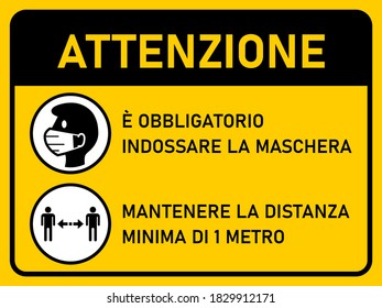 Horizontal Instruction Signboard with Basic Set of Measures against Coronavirus in Italian, including Attention, Face Masks Required and Stay at least 1 Meter Apart. Vector Image.