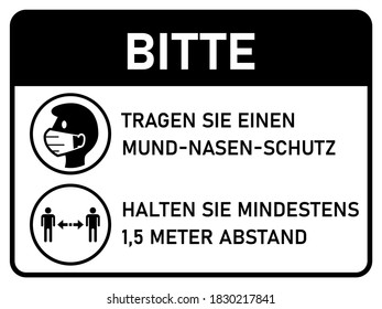 Horizontal Instruction Signboard with Basic Set of Measures against Coronavirus in German, including Please Wear Face Masks and Stay at least 1,5 Meters Apart. Vector Image.