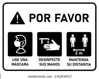 Horizontal Instruction Signboard in Spanish with Basic Measures against the Spread of Coronavirus such as Please Wear a Face Mask, Sanitize Hands and Keep Your Distance 2 m or 
2 Meters. Vector Image.