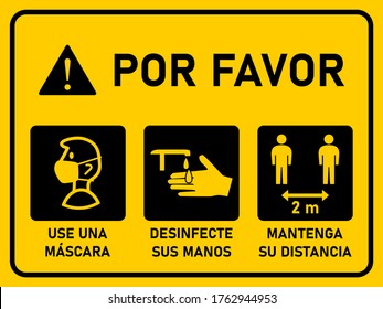 Horizontal Instruction Signboard in Spanish with Basic Measures against the Spread of Coronavirus such as Please Wear a Face Mask, Sanitize Hands and Keep Your Distance 2 m or 
2 Meters. Vector Image.
