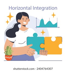 Horizontal integration. Company's supply chain optimization and control. Business strategy from manufacturing to sales. Optimized production flow, effectiveness and quality. Flat vector illustration