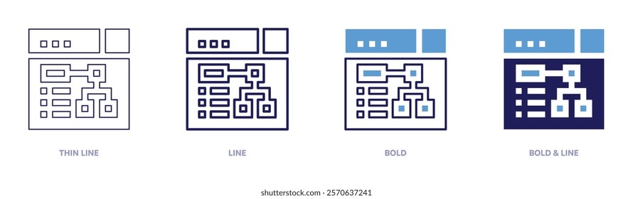 Horizontal integration strategy icon in 4 different styles. Thin Line, Line, Bold, and Bold Line. Duotone style. Editable stroke.