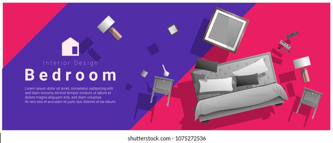 Horizontal interior banner sale with bedroom furniture hovering on colorful background , vector , illustration