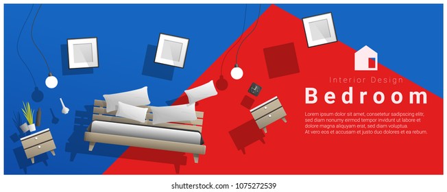 Horizontal Interior Banner Sale With Bedroom Furniture Hovering On Colorful Background , Vector , Illustration