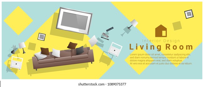 Horizontal Interior Banner Sale With Living Room Furniture Hovering On Colorful Background , Vector , Illustration