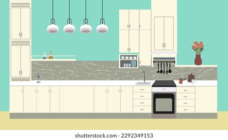 horizontal interior of modern kitchen. countertop,cabinets,stove,oven,sink,shelves and ceiling lamps in flat style vector.kitchen utensils,pasuds,vase of flowers,chopping board,tools.