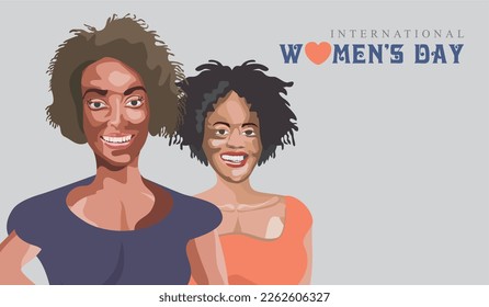 Horizontal International Women's Day banner with two women in happy face. Women's friendship. Vector concept of the female's empowerment movement.